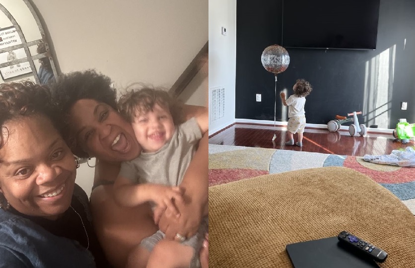 A collage featuring Tamika Felder, her sorority friend Lucy, and Tamika's son Chayton smiling and playing together. The left image shows Tamika, Lucy, and Chayton joyfully posing for a selfie. The right image captures Chayton in their living room, gazing at a birthday balloon.