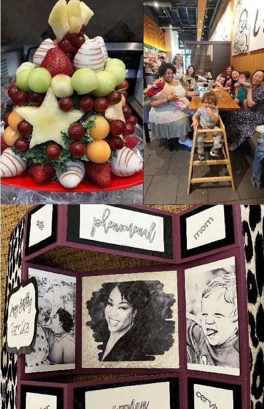 A photo composite featuring a fruit tree, a handmade card with black and white illustrations of Tamika Felder, her son Chayton, and a surprise birthday celebration at dinner with the Seattle Cervivor chapter.