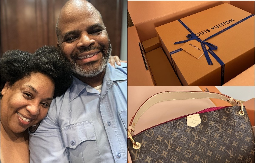 A collage featuring Tamika Felder and her husband smiling together on the left, a Louis Vuitton gift box tied with a blue ribbon in the top right, and a close-up of a Louis Vuitton bag in the bottom right.