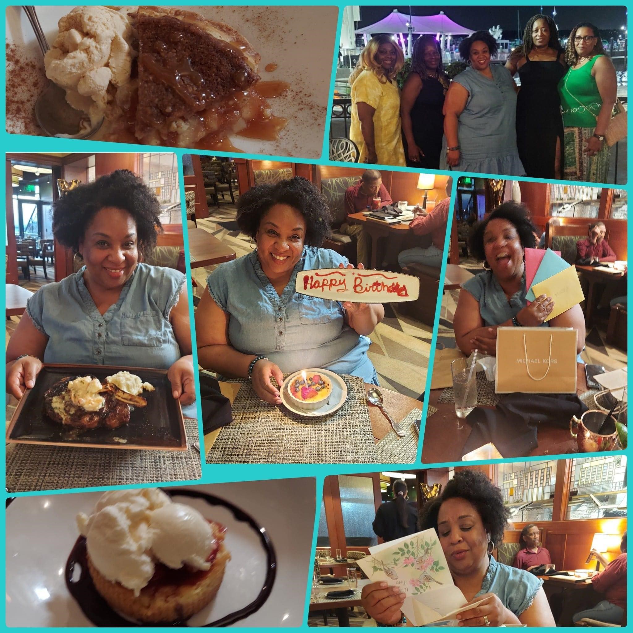 A collage of photos from Tamika Felder's 49th birthday dinner with friends. The images include Tamika smiling with birthday desserts, holding a "Happy Birthday" sign, reading birthday cards, posing with a Michael Kors gift bag, and a group photo with friends dressed up for the occasion.