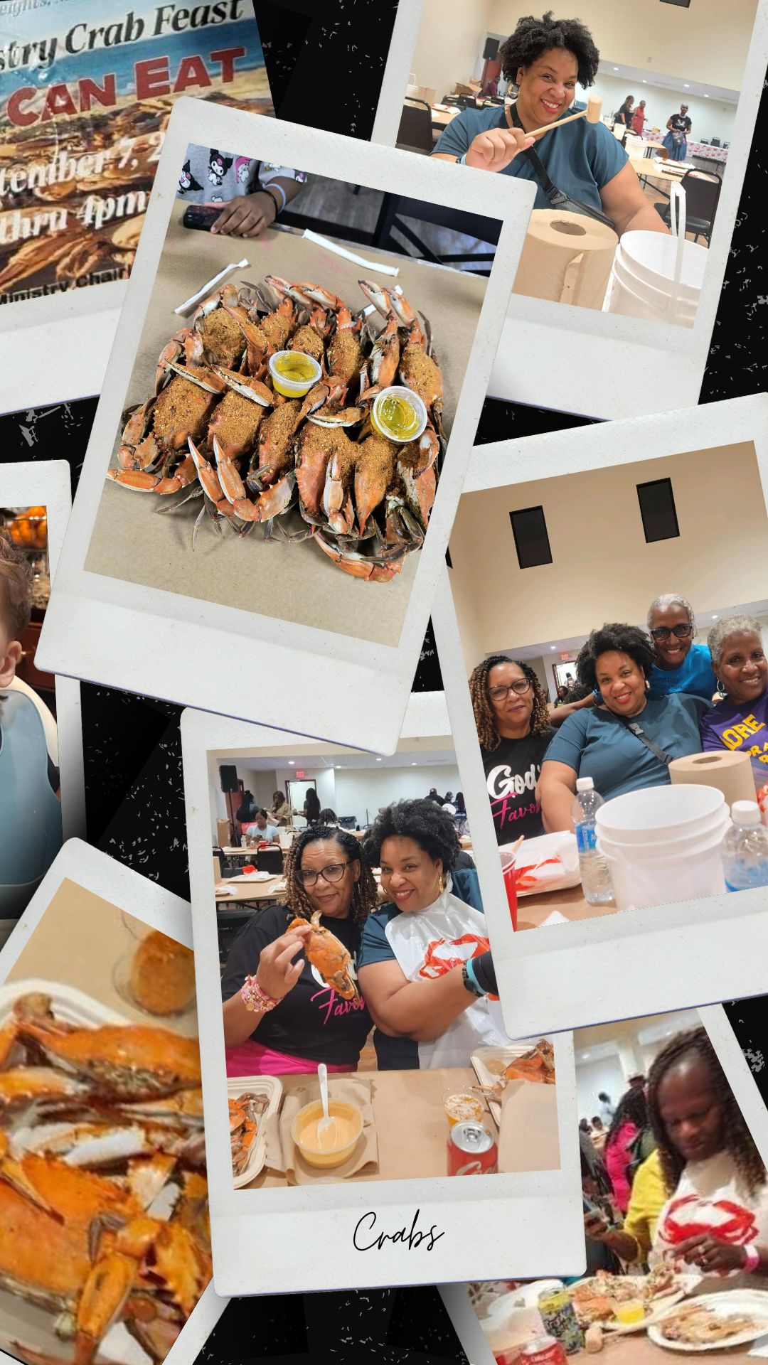 A vibrant photo collage from a crab feast featuring Tamika Felder and her friends. The central image shows a large platter of seasoned crabs with lemon butter on the side. Around it, Tamika is pictured smiling with a wooden mallet, ready to crack crabs, and posing with friends who are also enjoying the feast. The group is wearing bibs and clearly having a great time. Other images show attendees focused on their meals, with buckets and paper towels close by for the messy and fun occasion. The collage captures the joy and camaraderie of the event.