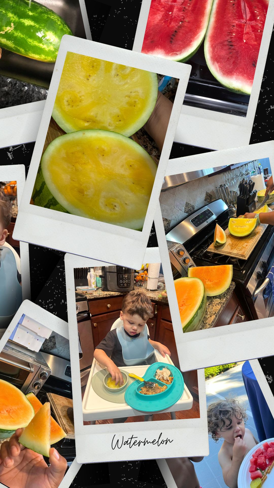 A colorful photo collage highlighting Tamika Felder's obsession with yellow watermelon. The center image shows a sliced yellow watermelon, surrounded by various photos of other watermelons, including red and orange varieties from her local farmer. One image shows her son, Chayton, sitting in a high chair enjoying a meal, while another captures him eating watermelon outdoors. There's also a close-up of Tamika holding a slice of yellow watermelon. The collage exudes fresh summer vibes.