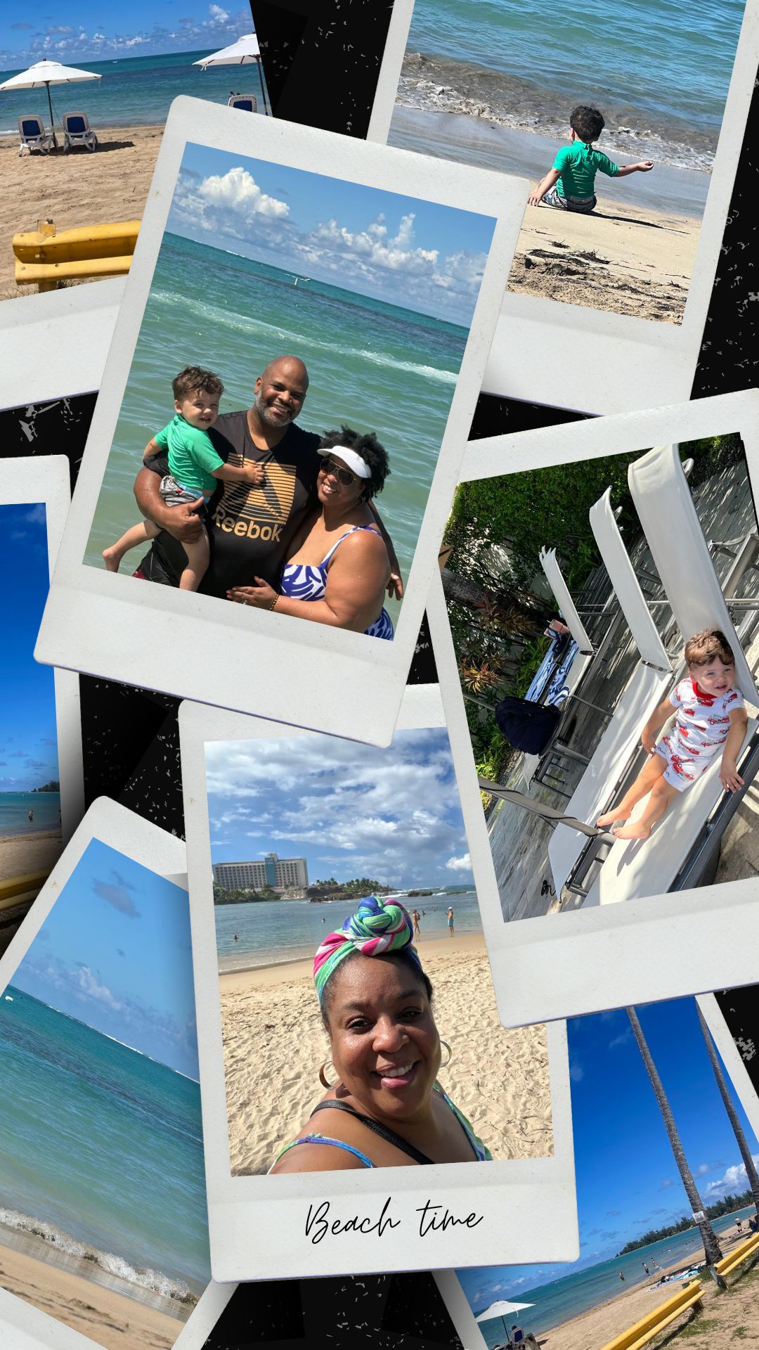 Photo collage of Tamika Felder with her husband, Rocky, and their 2-year-old son, Chayton, enjoying a beach vacation in Puerto Rico. The images capture joyful family moments on the sandy beach with blue ocean waves in the background. Scenes include Tamika, Rocky, and Chayton smiling, Chayton playing in the sand, and sitting on a lounge chair, showcasing the warmth and happiness of their getaway.