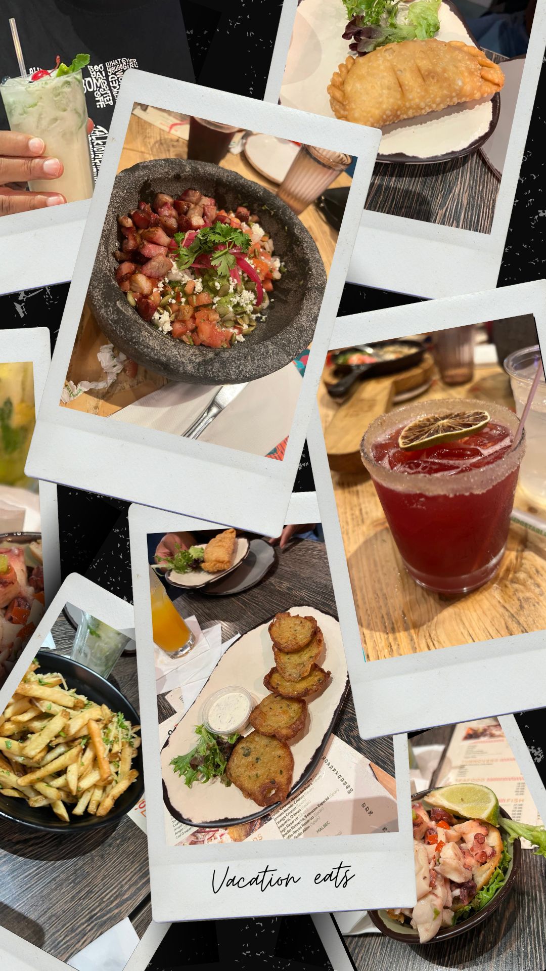 A photo compilation of various foods enjoyed by Tamika Felder and her family on a beach vacation to Puerto Rico, featuring tropical drinks, ceviche, fries, fritters, empanadas, and other local dishes.