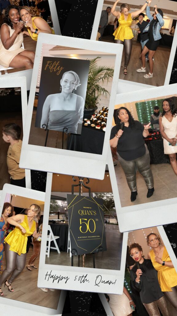 Collage of photos from Quan Myers’s surprise 50th birthday party, featuring festive signs, Quan dressed in gold and black, guests giving speeches, and people dancing. 