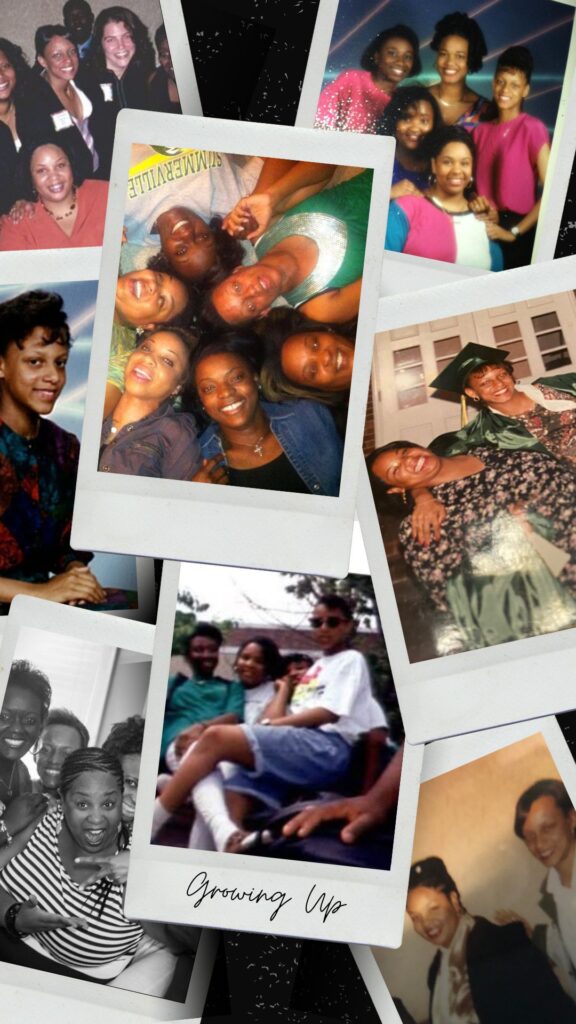  A collage of photos featuring Tamika Felder, Quan Myers, and their close childhood friends – Felicia, Kenya, Kisha, and Vinque – through the years. The images include moments from high school and early adulthood, celebrating decades of friendship.