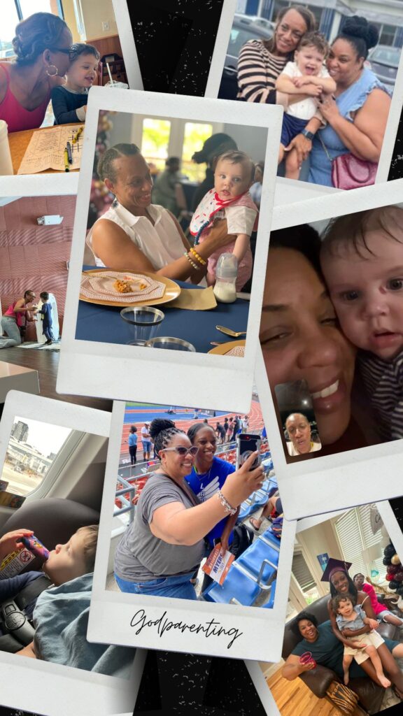 A collage of photos showing Tamika Felder with her goddaughter, Kennedy, and Quan Myers with her godson, Chayton. The images capture warm smiles, heartfelt hugs, and the deep bond of love and care they share as godparents.